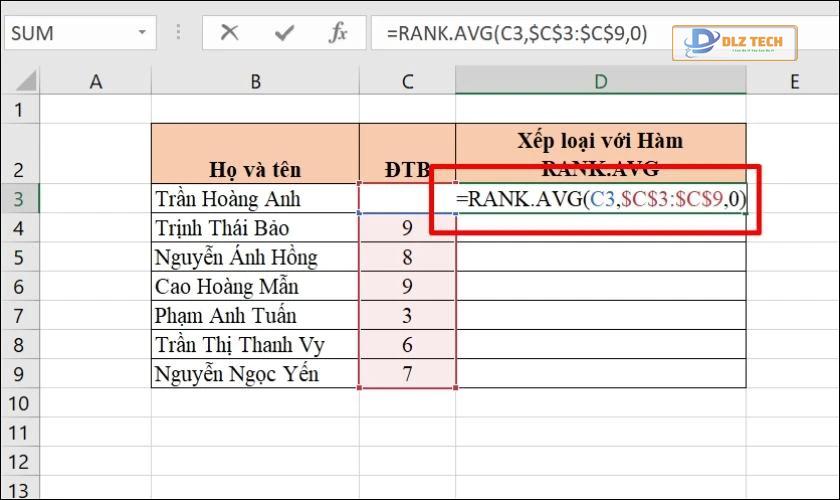 Công thức hàm RANK.AVG