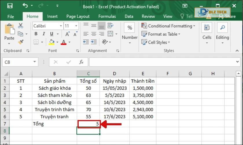 Kết quả nhận được khi sử dụng hàm Count trong Excel
