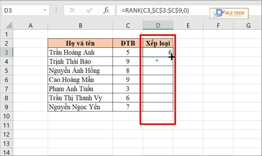 Thao tác sao chép công thức cho các ô khác trong cột xếp hạng
