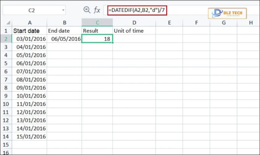 Công thức tính số tuần chênh lệch với hàm DATEDIF trong Excel