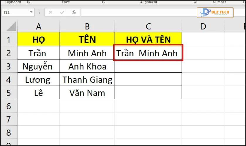 Kết quả sau khi nối dữ liệu các cột