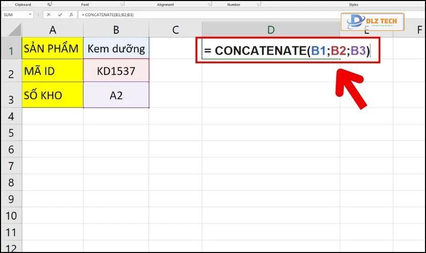 Dùng hàm CONCATENATE để nối dữ liệu trong một mảng qua cách chọn nhiều ô cùng lúc