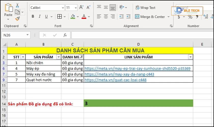 Kết quả thu được khi dùng hàm SUBTOTAL để đếm số ô được lọc