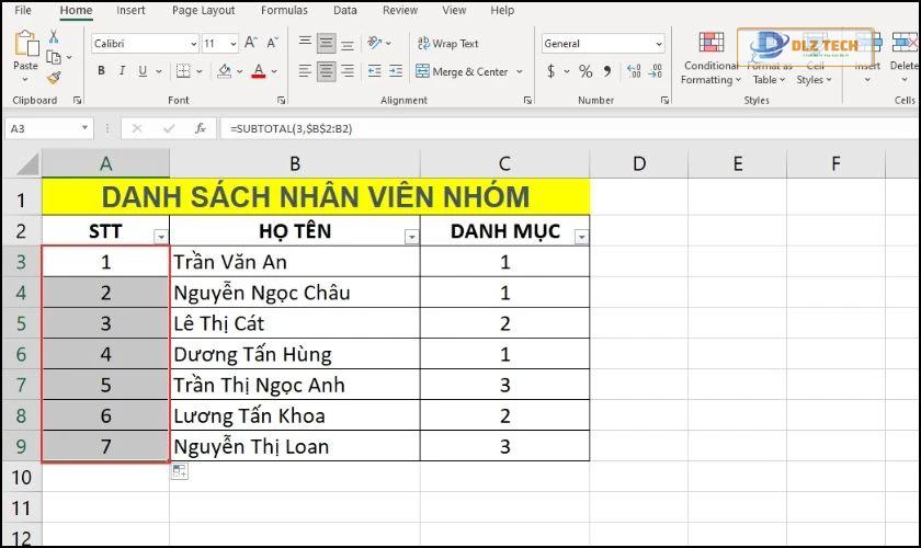 Kết quả sau khi thực hiện đánh số thứ tự trong bảng