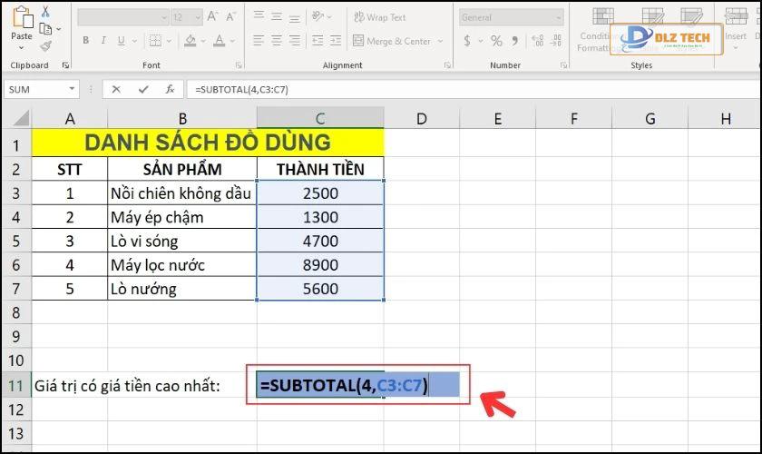 Tìm giá trị lớn nhất bằng hàm SUBTOTAL trong Excel