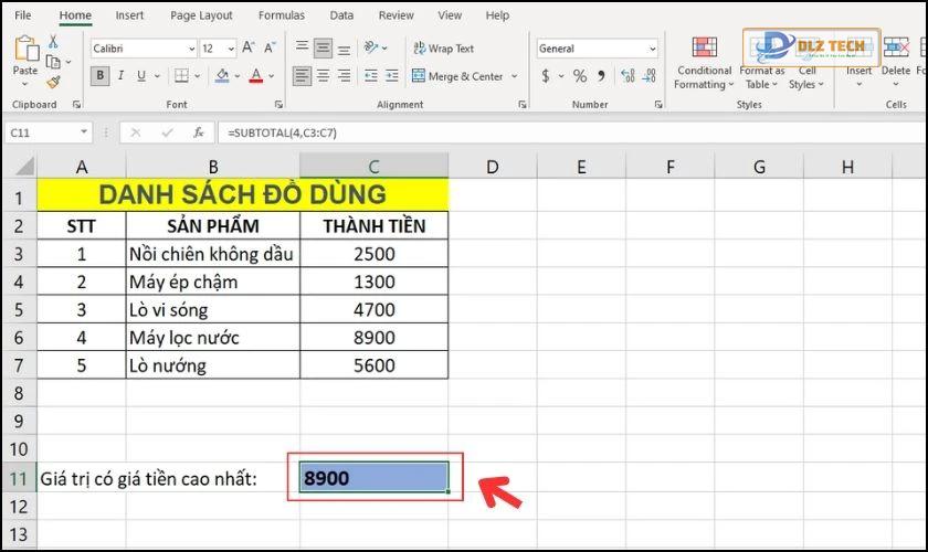 Nhập công thức hàm SUBTOTAL trong Excel
