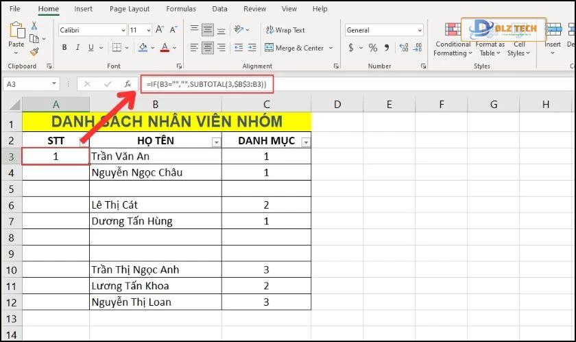 Kết hợp hàm Subtotal và hàm IF