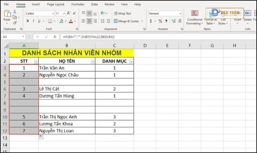 Nhập công thức hàm Subtotal và hàm IF