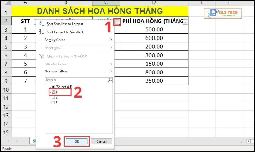 Thực hiện lọc dữ liệu có trong cột