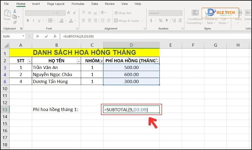 Sử dụng công thức hàm SUBTOTAL