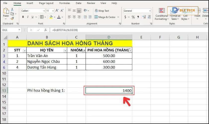 Kết quả sau khi sử dụng hàm SUBTOTAL