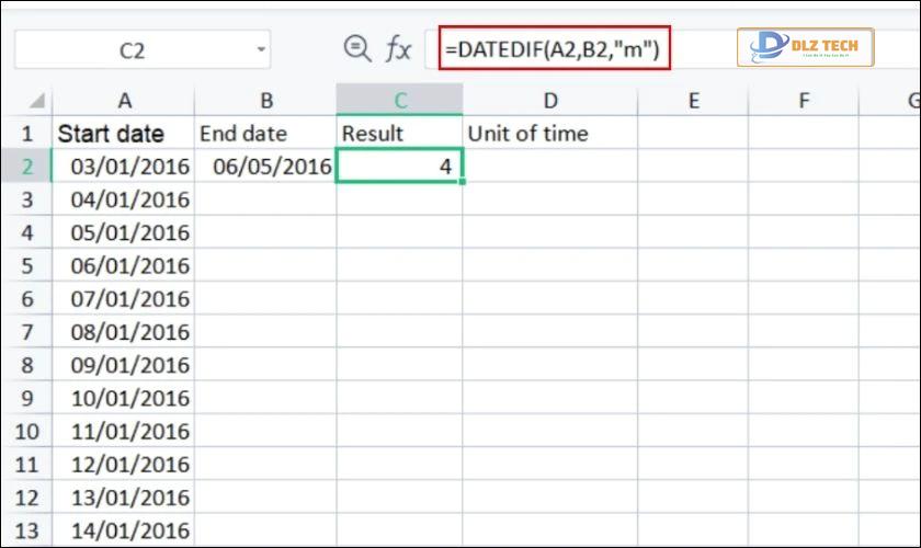 Công thức hàm Date tính số tháng chênh lệch trong Excel