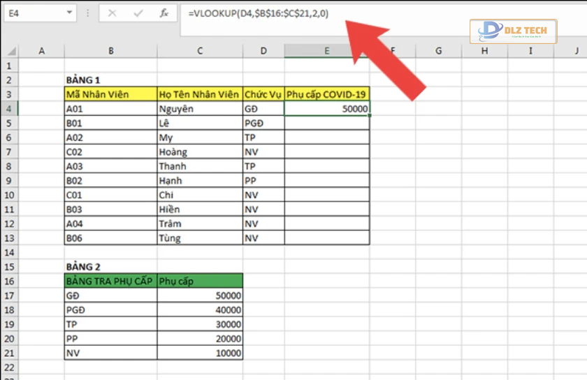 Kết quả tính phụ cấp theo chức vụ bằng Vlookup