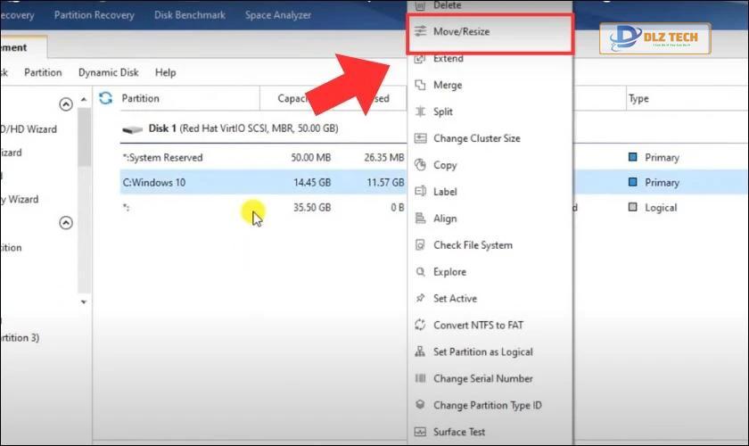 Nhấn vào Move/Resize Partition