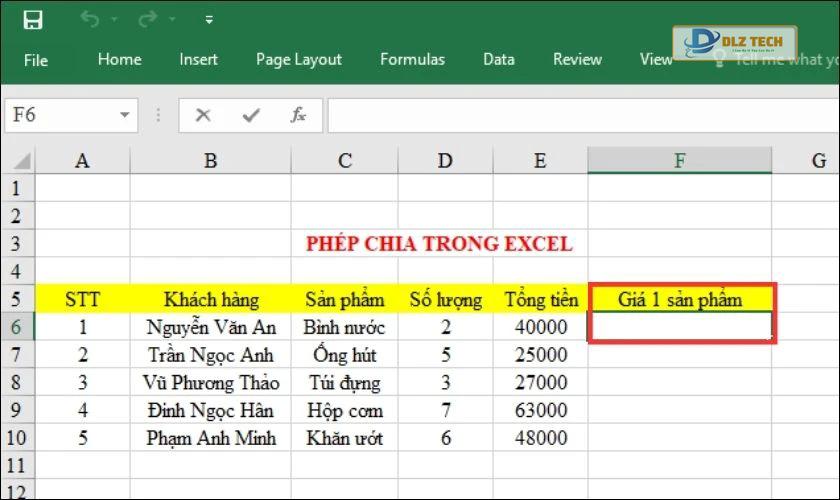 phép tính division trong excel