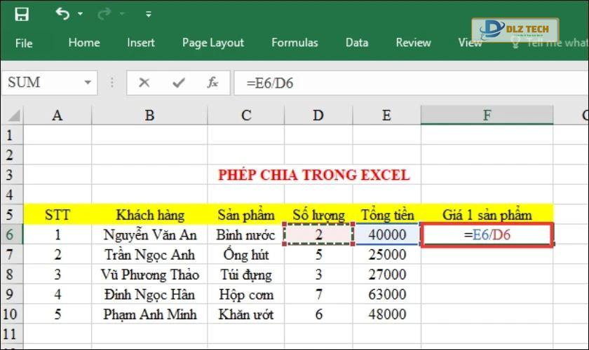 phép tính chia trong microsoft excel