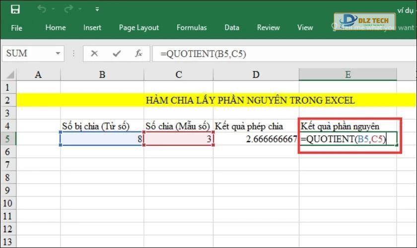hàm chia lấy phần nguyên trong excel