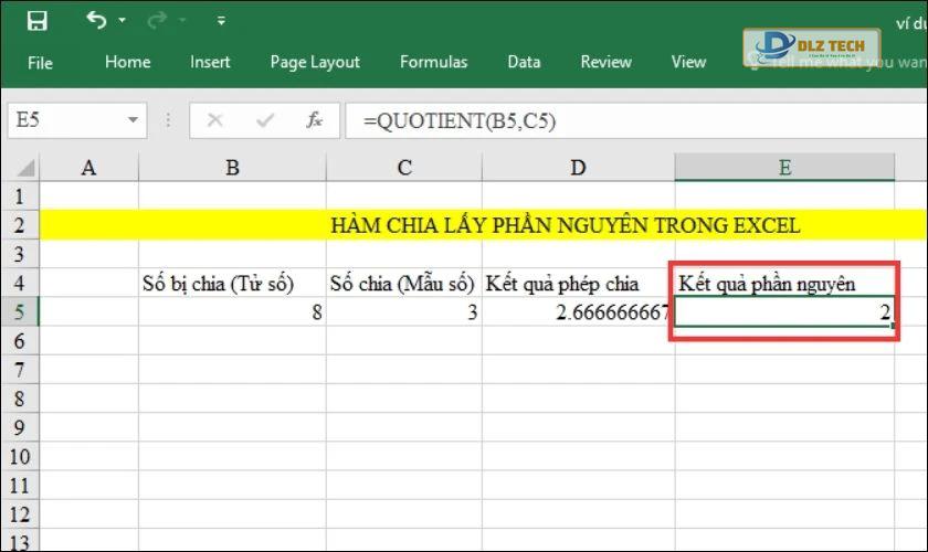 hàm quotient lấy nguyên trong excel