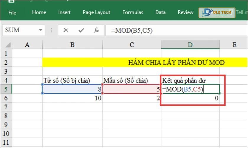 hàm division lấy phần dư trong excel