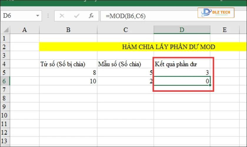 hàm mod lấy phần dư trên excel