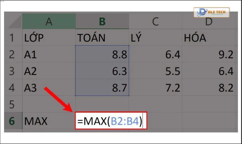 Dùng hàm MAX để tìm điểm cao nhất