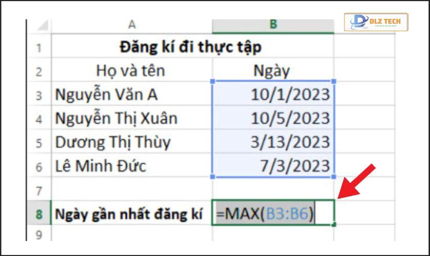 Dùng hàm MAX để tra cứu ngày mới nhất đăng ký thực tập