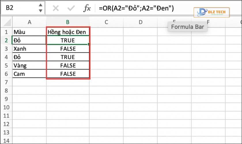 Kết quả khi sử dụng công thức hàm OR trong Excel