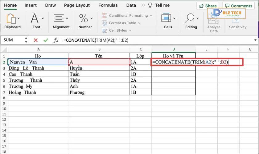 Nhập công thức CONCATENATE