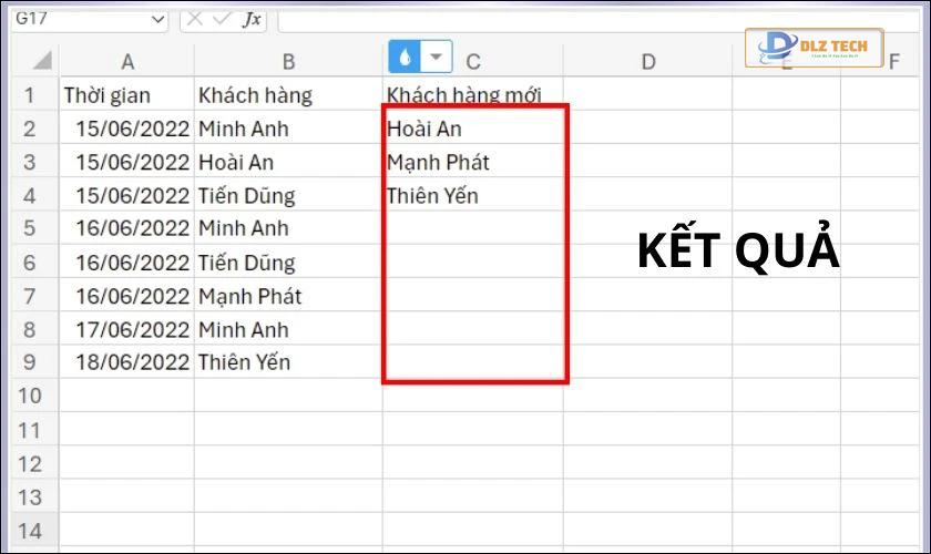 Chạy hàm UNIQUE để lọc giá trị