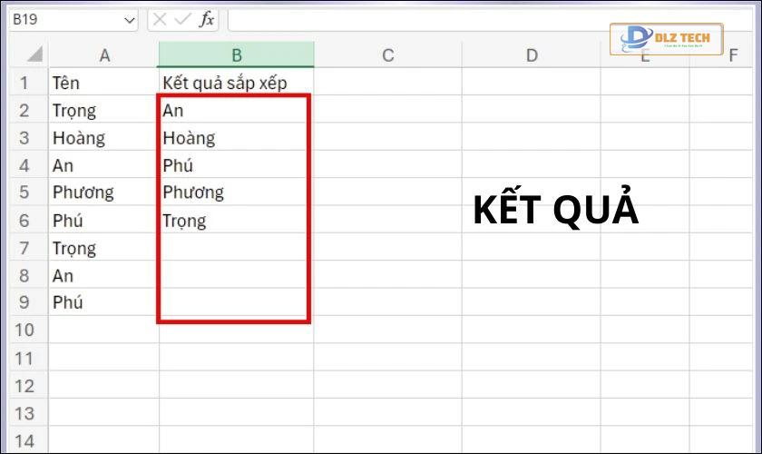 Kết quả của hàm SORT kết hợp với hàm UNIQUE