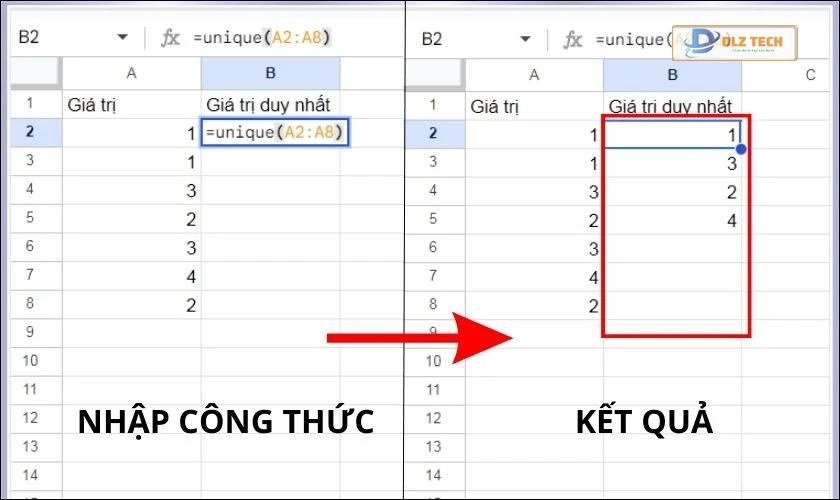 Cách dùng hàm UNIQUE trong Google Sheets