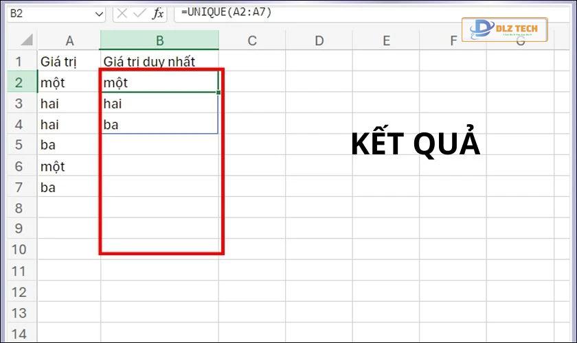 Kết quả tìm kiếm giá trị duy nhất
