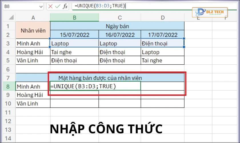 Minh họa cách dùng hàm UNIQUE