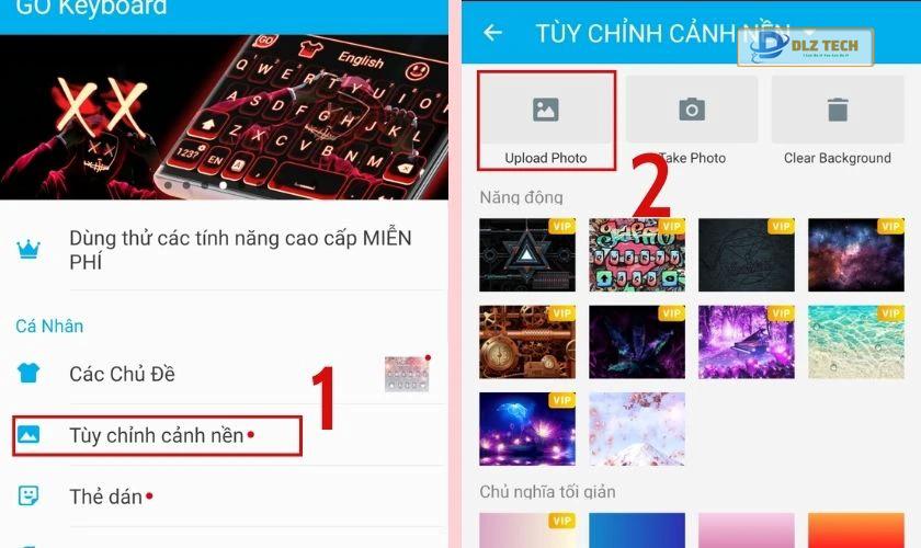Tùy chỉnh cảnh nền và tải ảnh lên