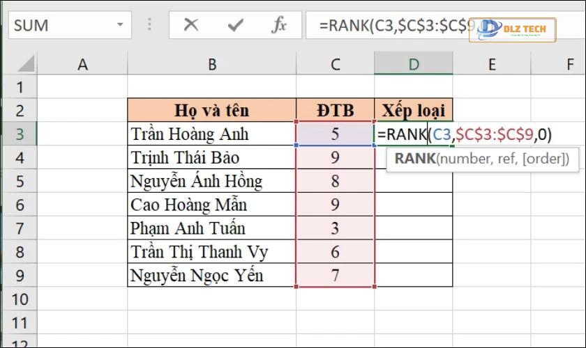 Thiết lập công thức hàm RANK trong Excel để phân loại từ cao xuống thấp