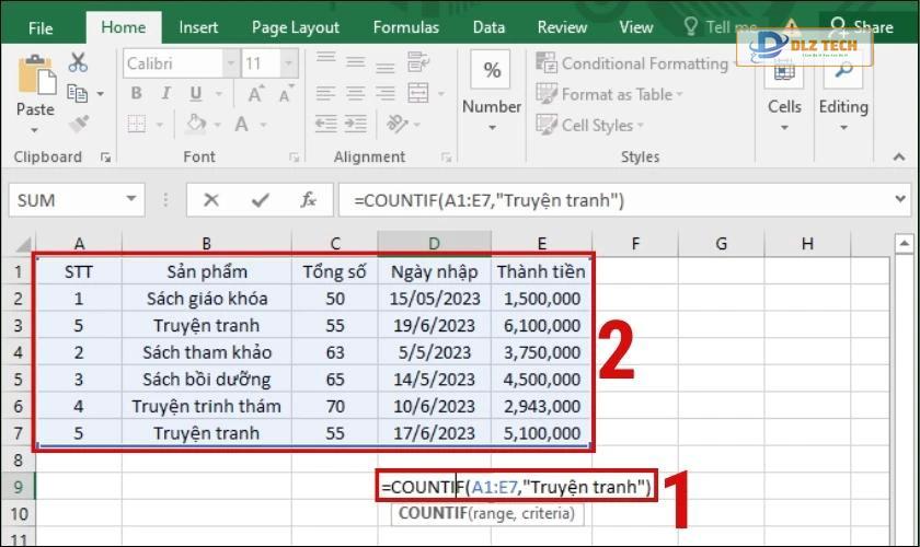 Kết quả sau khi áp dụng hàm COUNTIF