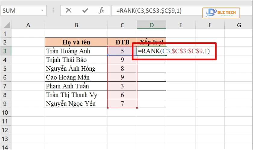 Thiết lập công thức hàm RANK để xếp hạng từ thấp đến cao