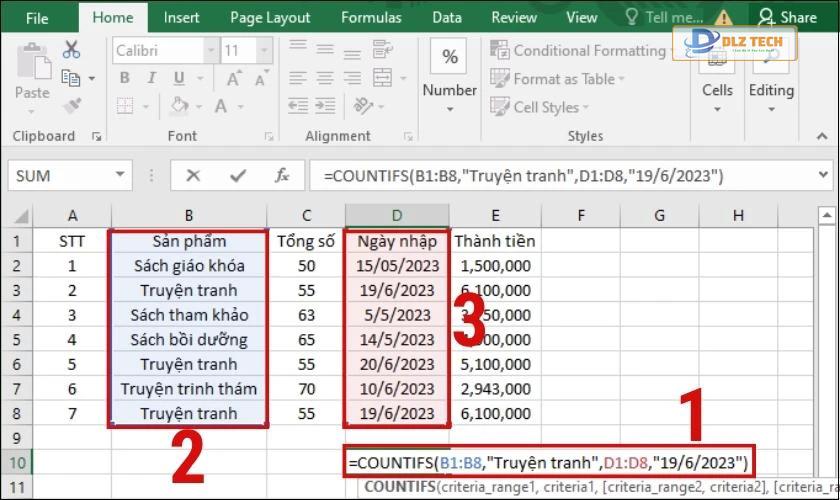 Bôi đen vùng dữ liệu và áp dụng công thức hàm Countifs