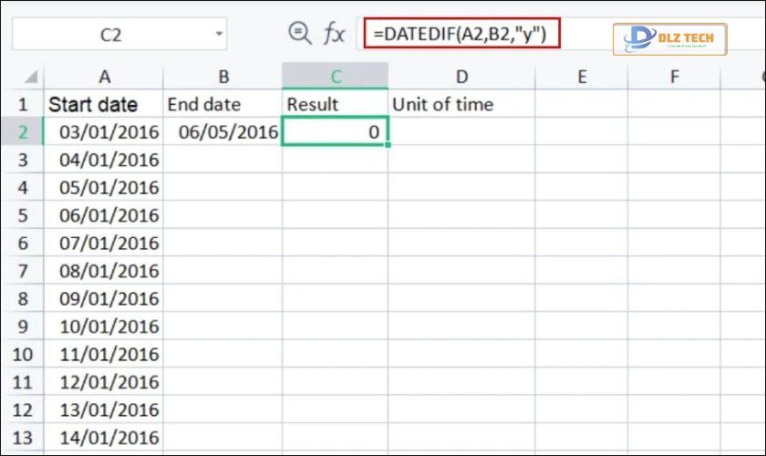Công thức tính số năm chênh lệch với hàm DATEDIF trong Excel