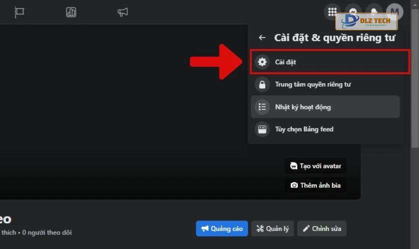 nhấn vào cài đặt để sửa link fanpage
