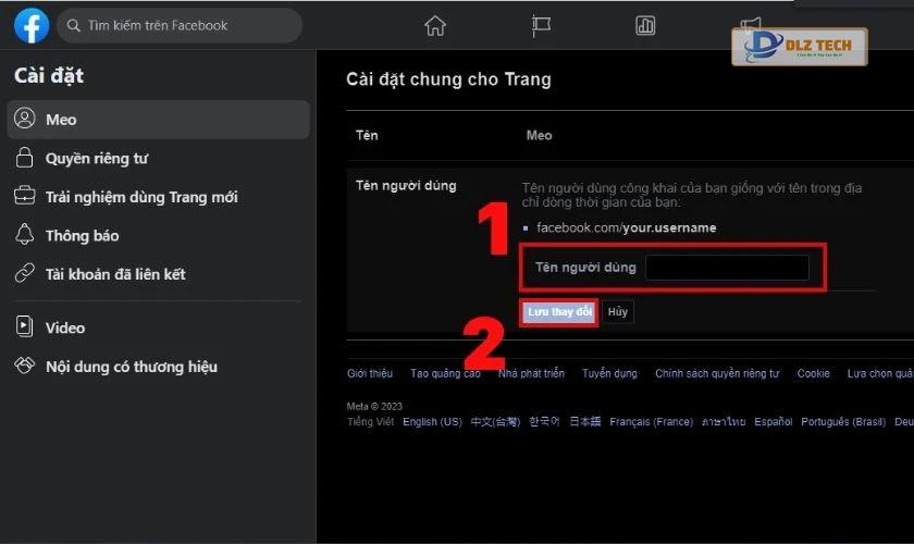 các thao tác để đổi link facebook trên fanpage