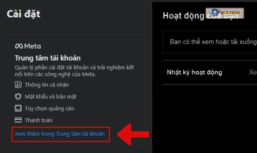 giao diện mục xem thêm trong trung tâm tài khoản