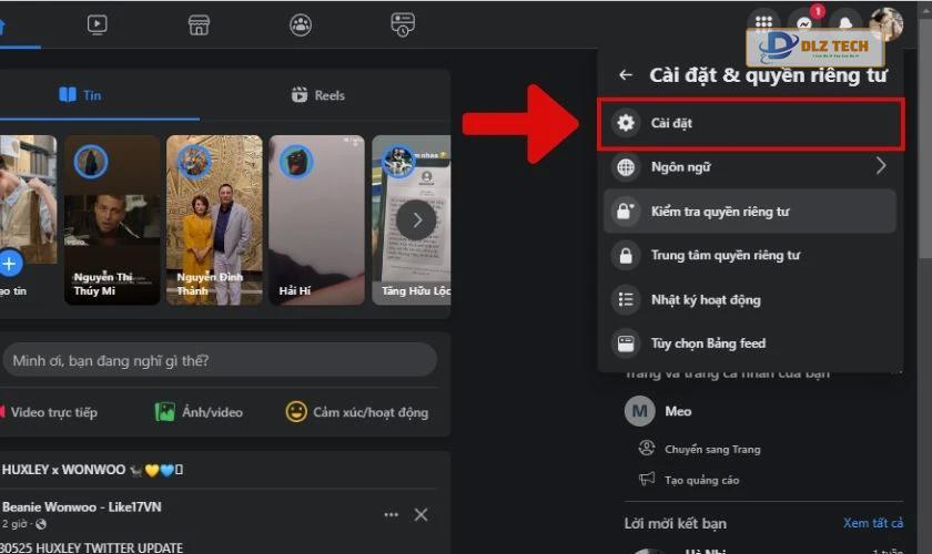 bấm vào cài đặt để đổi link facebook