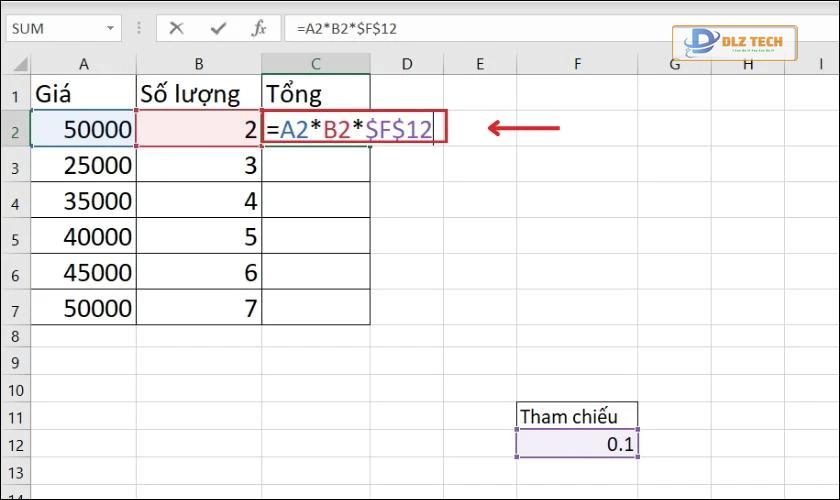 Ví dụ minh họa cách thêm ký hiệu $ tham chiếu trong Excel