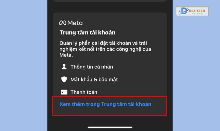 bấm vào xem thêm trong trung tâm tài khoản để bắt đầu đổi link facebook