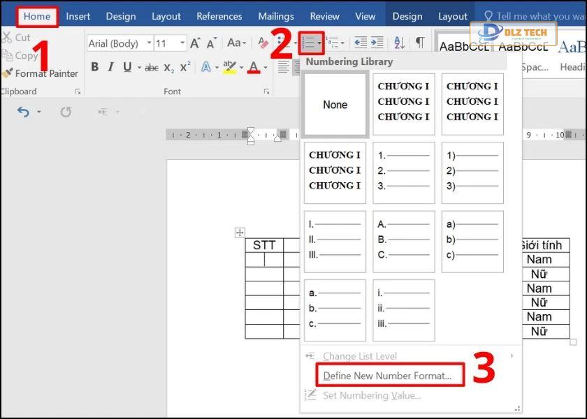 cách đánh số thứ tự trong bảng word nằm cùng một cột