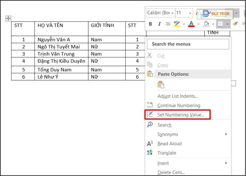nhấn chuột phải vào ô bất kỳ và chọn set numbering value