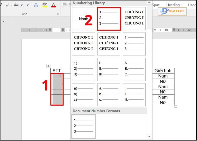 nhấp vào định dạng số thứ tự đã tạo khi nãy cho bảng word