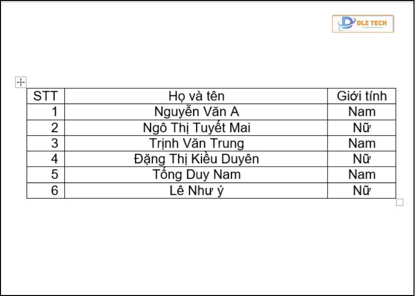 kết quả đánh số thứ tự trong bảng word