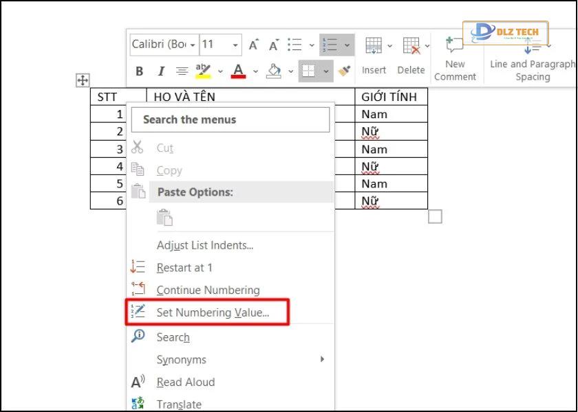 đánh số thứ tự từ số bất kỳ trong bảng word